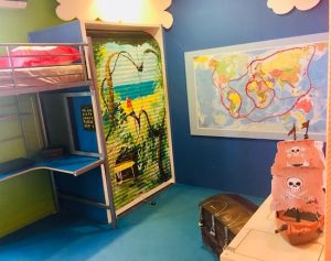 In-game: Nicolai's pirate themed bedroom. There's a treasure chest locked in the middle of it.