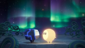 Glo and Bulder looking at each other with an aurora glowing behind them.