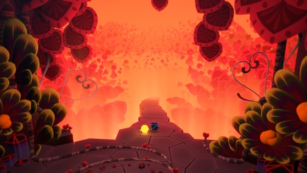 Glo and Bulder holding hands while walking down a narrow path into a volcano.