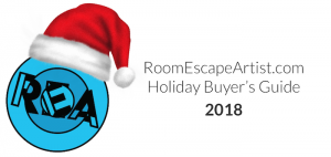 Room Escape Artist Holiday Buyer's Guide 2018 masthead, features the REA logo with a Santa hat.