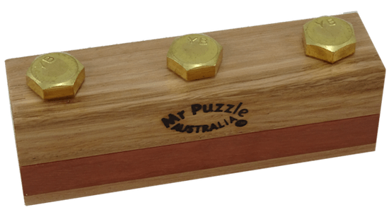 3 bolts protruding from an elegant block of wood labeled, "Mr Puzzle Australia"