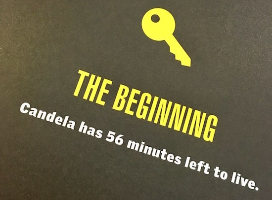 In-book, page reads, "The Beginning, Candela has 56 minutes left to live."