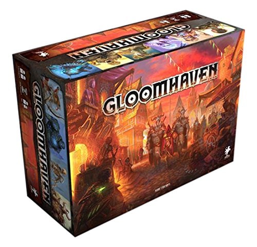 The D&D-esque box of Gloomhaven, depicting a scene with fantasy knights and rogues.