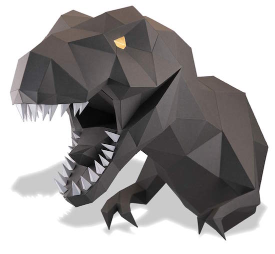 A geometric papercraft tyrannosaurus rex bust.