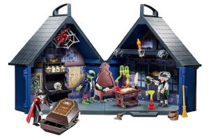 Playmobile Haunted House includes dracula in a coffin, dr frankenstein, and frankenstein's monster.