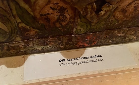 Label reads "17th century painted metal box"