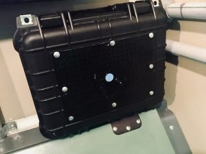 A prop with a with a blue do not touch sticker.