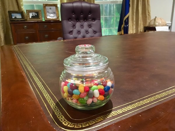 In-game: a jar of jelly beans on the President's desk.