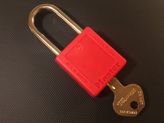 The back of a Red Master Lock 410.