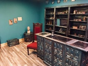 In-game: wide shot of the apothecary. There is a large red chair and a phrenology bust.