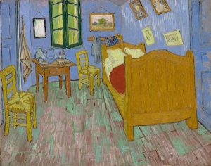 Rustic blue walled bedroom painted in van Gogh's signature impressionistic style.