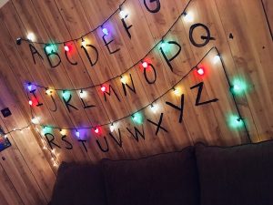 In-game: The letters A-Z painted on the wall, each has a single Christmas light lit above it.