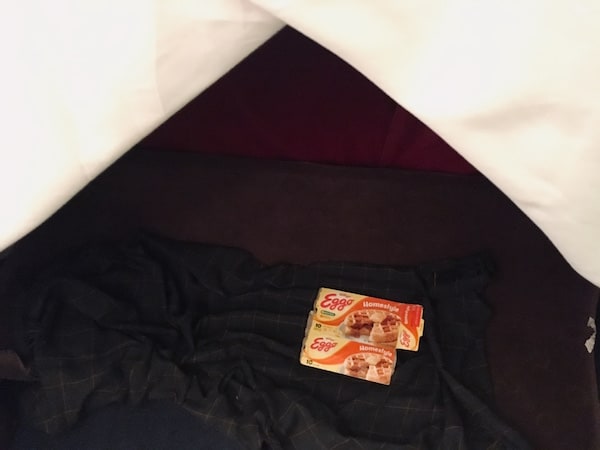 In-game: A small makeshift bed in a sheet tent with a box of eggo waffles sitting on it.