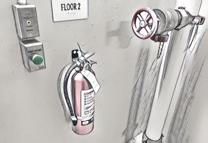 A "Push To Exit" button, a fire extinguisher, and a valve for a fire hose.