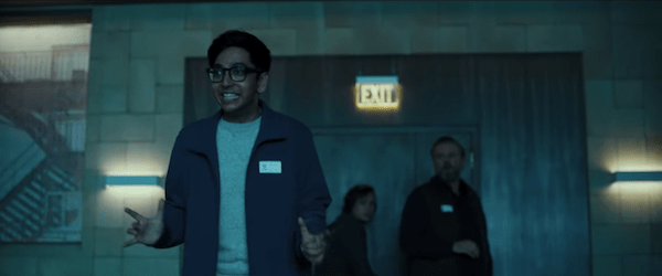 One character excitedly speaking to the group.