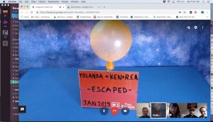 In-game: An inflated balloon and a sign that says, "Yolanda, Ken, & REA Escaped. Jan 2019."