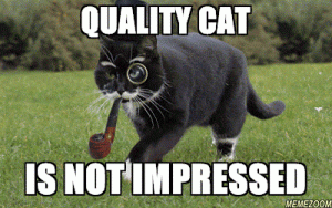 Animated cat with monocle and pipe reads, "quality cat is not impressed."