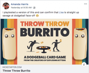Amanda Harris posting about Throw Throw Burrito reads, "I playtested a version of this and can confirm that Lisa is straight up savage at dodgeball face-off."