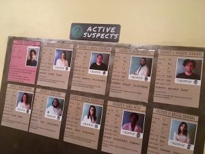 In-game: A wall with 10 profiles of active suspects.