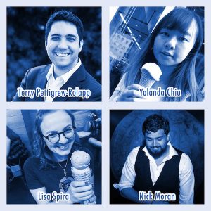 Blue tinted images of Terry Pettigrew-Rolapp, Yolanda Chiu, Lisa Spira, & Nick Moran. Lisa and Yolanda are both holding ice cream cones.