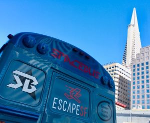 In-game: The Space Bus' exterior with the Transamerica Pyramid in the background.