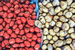 Stylized image of tomatoes and potatoes split up into separate piles.