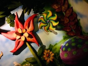 In-game: Brightly colored flowers and mushrooms.