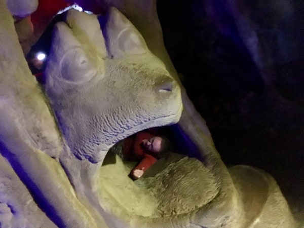 Lisa crawling out of the mouth of a stone beast.