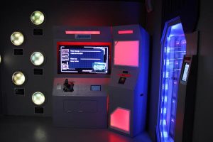 In-game: a glowing sci-fi computer in a spaceship.