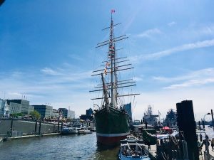 The front of the docked tall ship, the RICK RICKMERS.