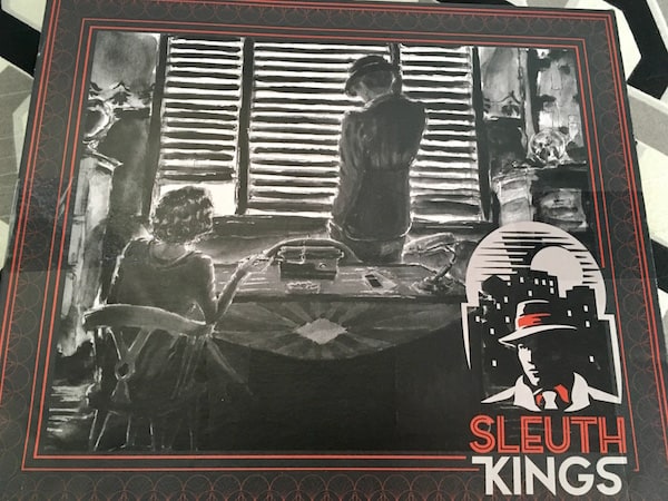 The illustrated game box, a charcoal image of a woman in a detective's office.