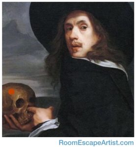 Painting of a man looking over his shoulder and sticking his finger in the nose of a skull with a red do not touch sticker on its side.