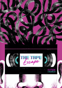 Promotional art, a tape over a person's eyes like glasses, the tape unravelling overhead like hair.