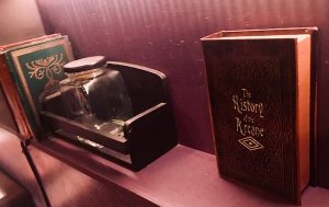 In-game: A shelved book reads, "The History of the Arcane."