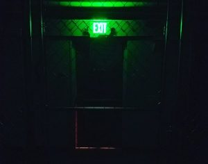 In-game: A glowing green exit sign over a door viewed through a chainlink fence.