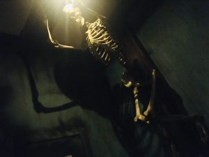 In-game: A skeleton mounted from the ceiling, a light above its head.