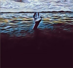 A hand reaching up out of dark waters.