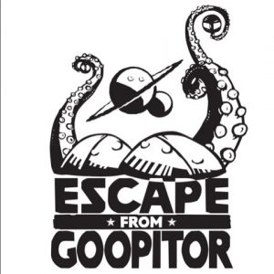 Escape From Goopitor logo has planets and tenticles.