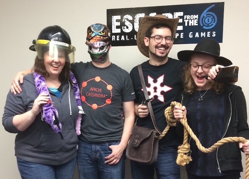 Amanda, Drew, David, & Lisa post-game at Escape From the 6. Each is wearing costumes and props from their games.