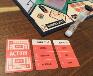 Action card examples, including a pictionary card and a charades card.