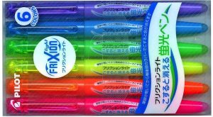 6 flourscent highlighters (Pink / Orange / Yellow / Green / Blue / Violet) in a package with Japanese writing.