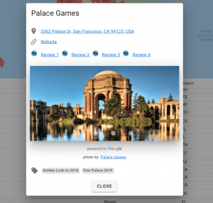 An open Palace Games map pin. It displays their address, links to their website and 4 REA reviews. There is also a photo of the location and two tags representing their Golden Lock-In and REA Tour.
