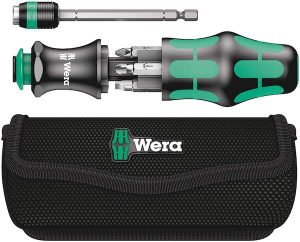 A Wera screw driver with extendable neck, and 6 bits that store in the handle.