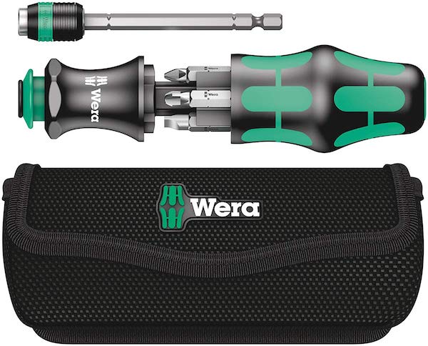 A Wera screw driver with extendable neck, and 6 bits that store in the handle.