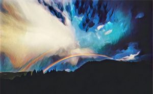 Stylized image of a horizon with two rainbows.