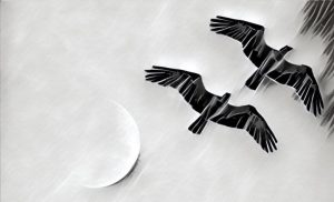Black & white stylized image of two large birds flying overhead.