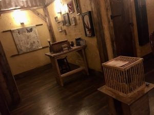 In-game: Wide view of the Quest's set, a wizard's study.