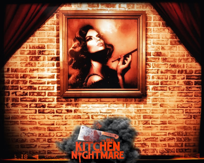 In-game: a portrait of a beautiful woman smoking, hung on a brick wall.