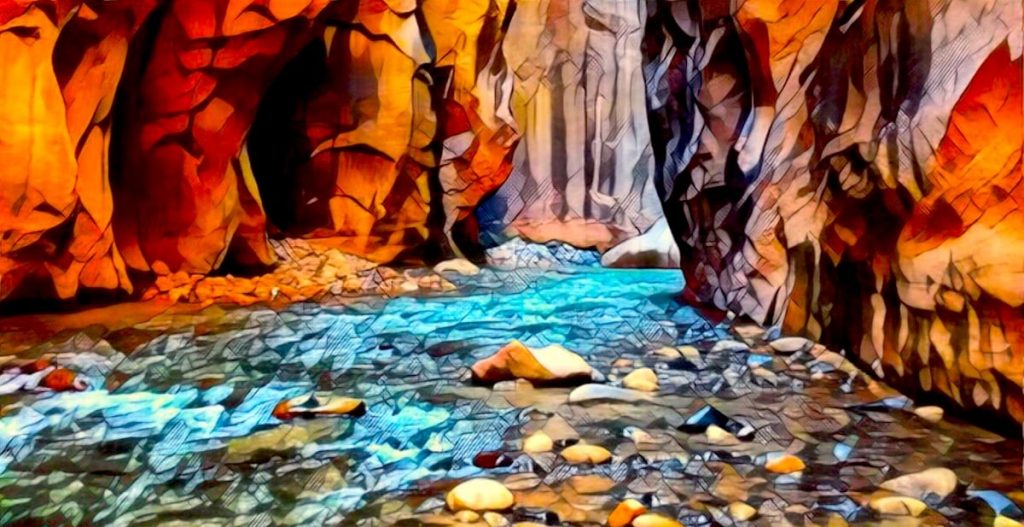 Stylized image of a stream running through a canyon. 