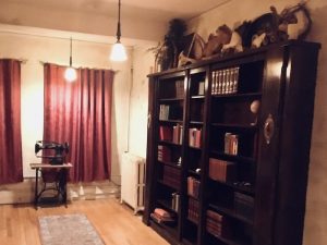 In-game: a large room with a tall wooden bookcase and an old singer sewing machine.